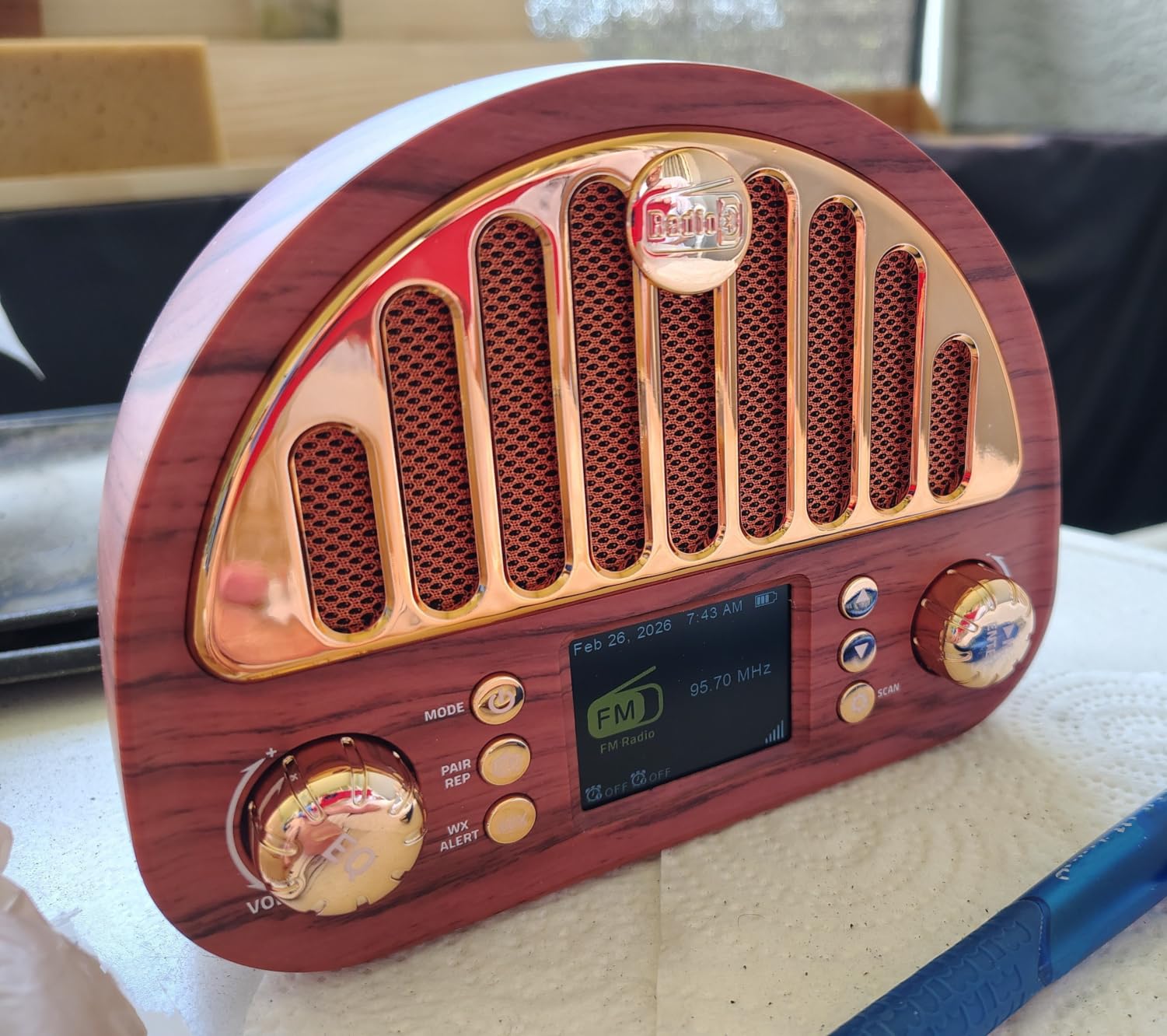 Vintage FM Radio with NOAA Weather Alert, Bluetooth Clock Radio | Rechargeable Tabletop Design for Bedroom and Home, 2