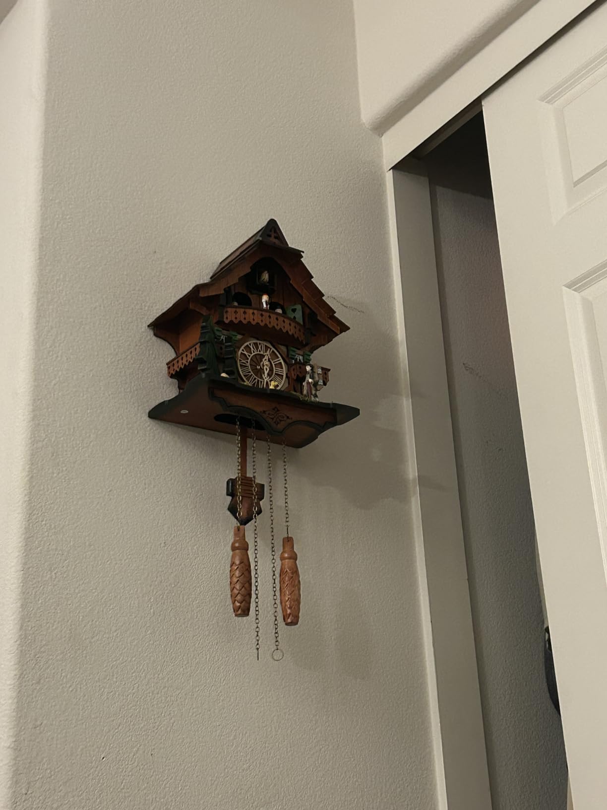 Cuckoo Clock with Rotating Dancers, Black Forest Chalet, Quartz | Solid wood; Hourly chime; 12 Melodies; Night mode; Volume control; Battery operated; Great gift; 9.8x24.1 inch customer photo 1