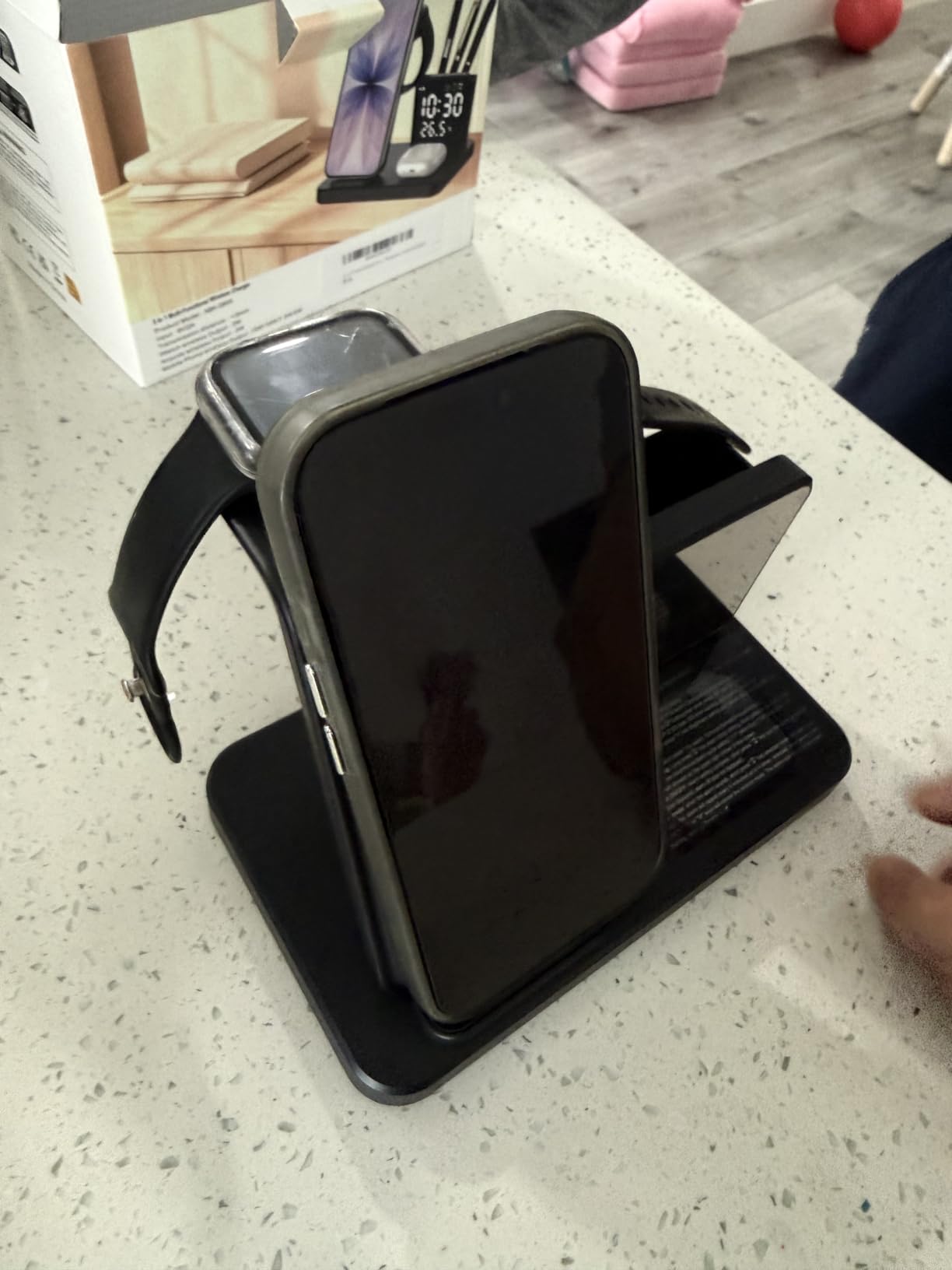 5 in 1 Wireless Charging Station with Alarm Clock Pen Holder, Fast Wireless Charger for iPhone 17/16/15/14/13/12/Pro/Max/Air, for iWatch & AirPods, Charger Stand with Temperature, Snooze Model Black customer photo 1
