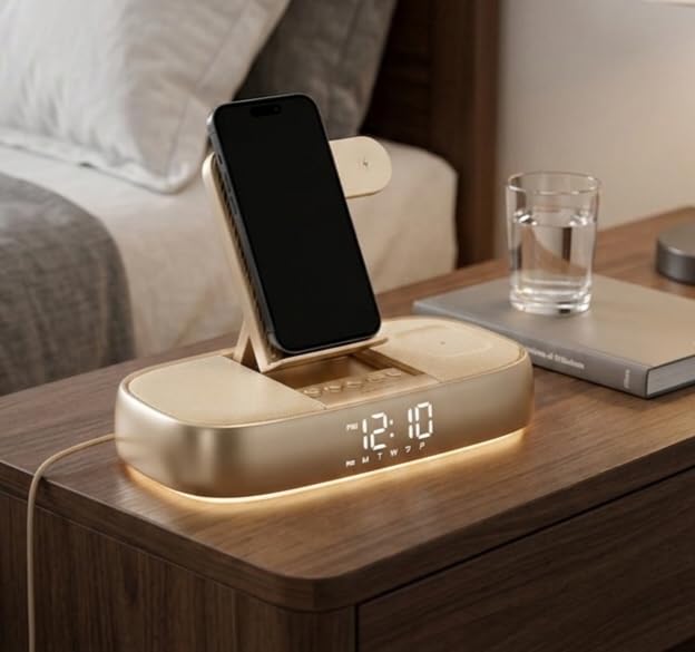 5 in 1 Wireless Charging Station Alarm Clock Bluetooth Speaker Night Light | 15W Wireless Charger for iPhone 17 16 15 14 13 12 Apple Watch AirPods, Digital Alarm Clocks for Bedrooms, Bedside Night Light customer photo 1