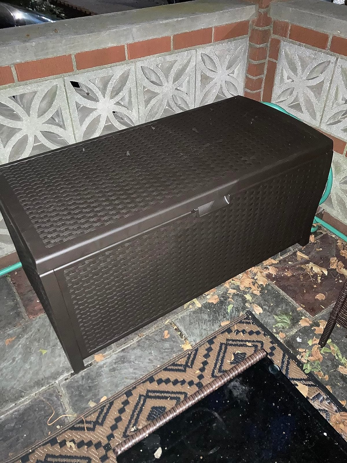 Suncast Outdoor Storage Box - 73 Gallon Mocha Brown Deck Box for Patio, weather-resistant Outdoor Storage Bench, Resin Wicker Style, Heavy-Duty, Lockable Lid for Cushions, Shoes, Pool & Garden Gear customer photo 1