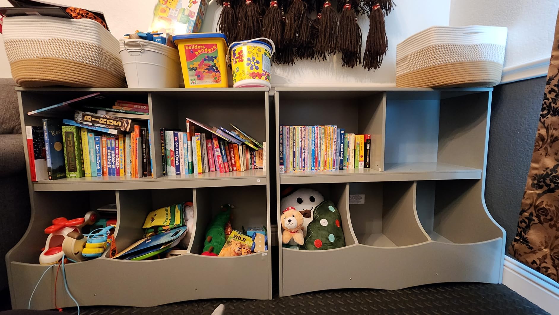 Badger Basket Multi-Bin Storage Cubby for Kids - Toy Organizer with 3 Cubbies, 2 Open Shelves, Display Top for Playroom or Bedroom - Storage Unit for Toys, Books & More - Gray customer photo 2