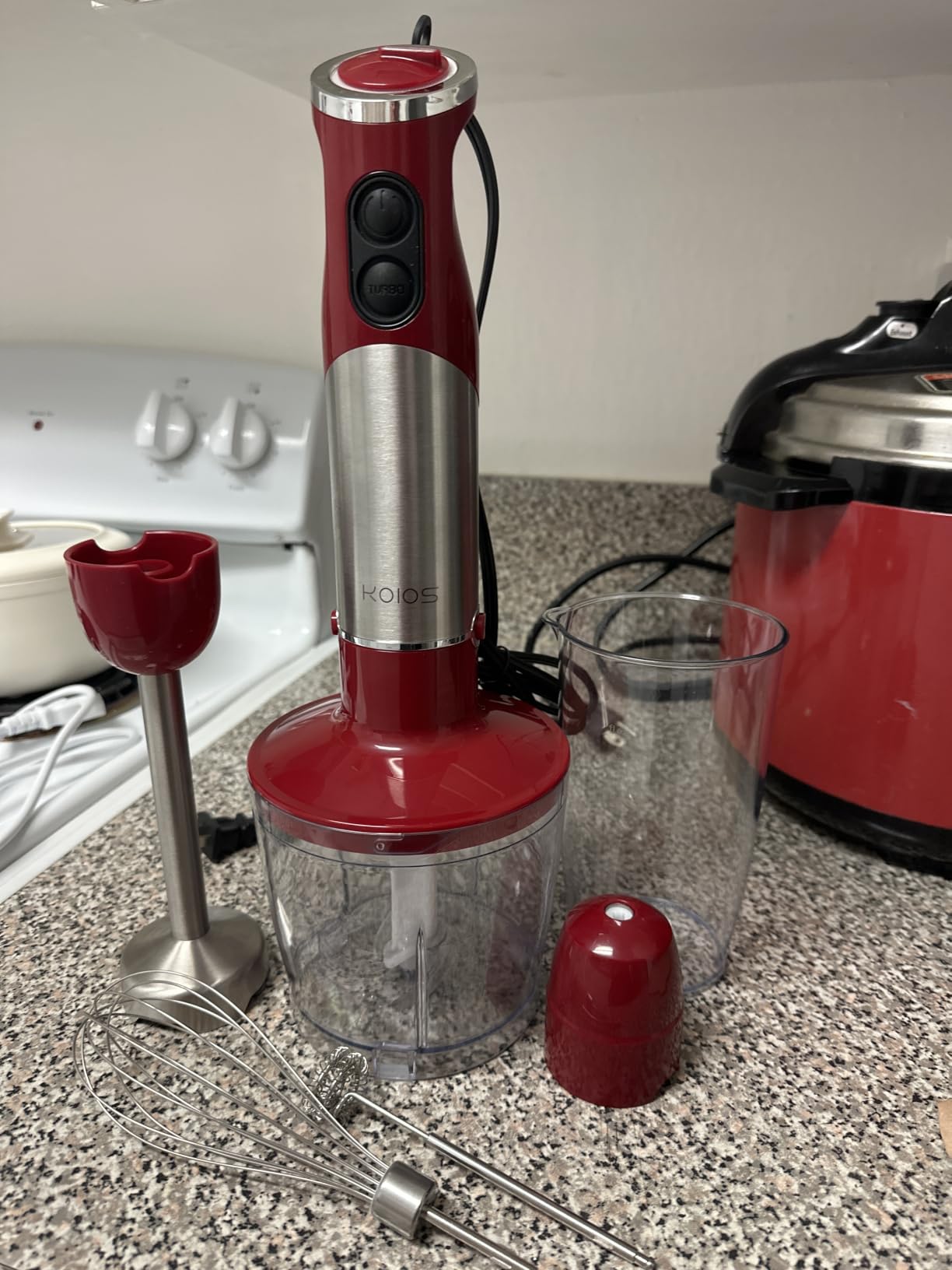 KOIOS 5-in-1 Hand Immersion Blender, 1000W 12 Speed Handheld Blender Stick with Copper Motor Stainless Steel Blade, 600ml Mixing Beaker,500ml Food Processor, Whisk, Milk Frother, Non-BPA, Red customer photo 1