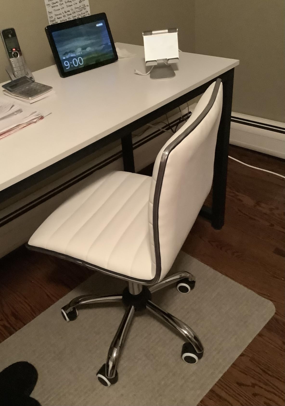 Furmax Vanity Office Desk Chair with Wheels, Armless Small Cute Leather Makeup Computer Task Chair Adjustable Height 360° Swivel (White) customer photo 1