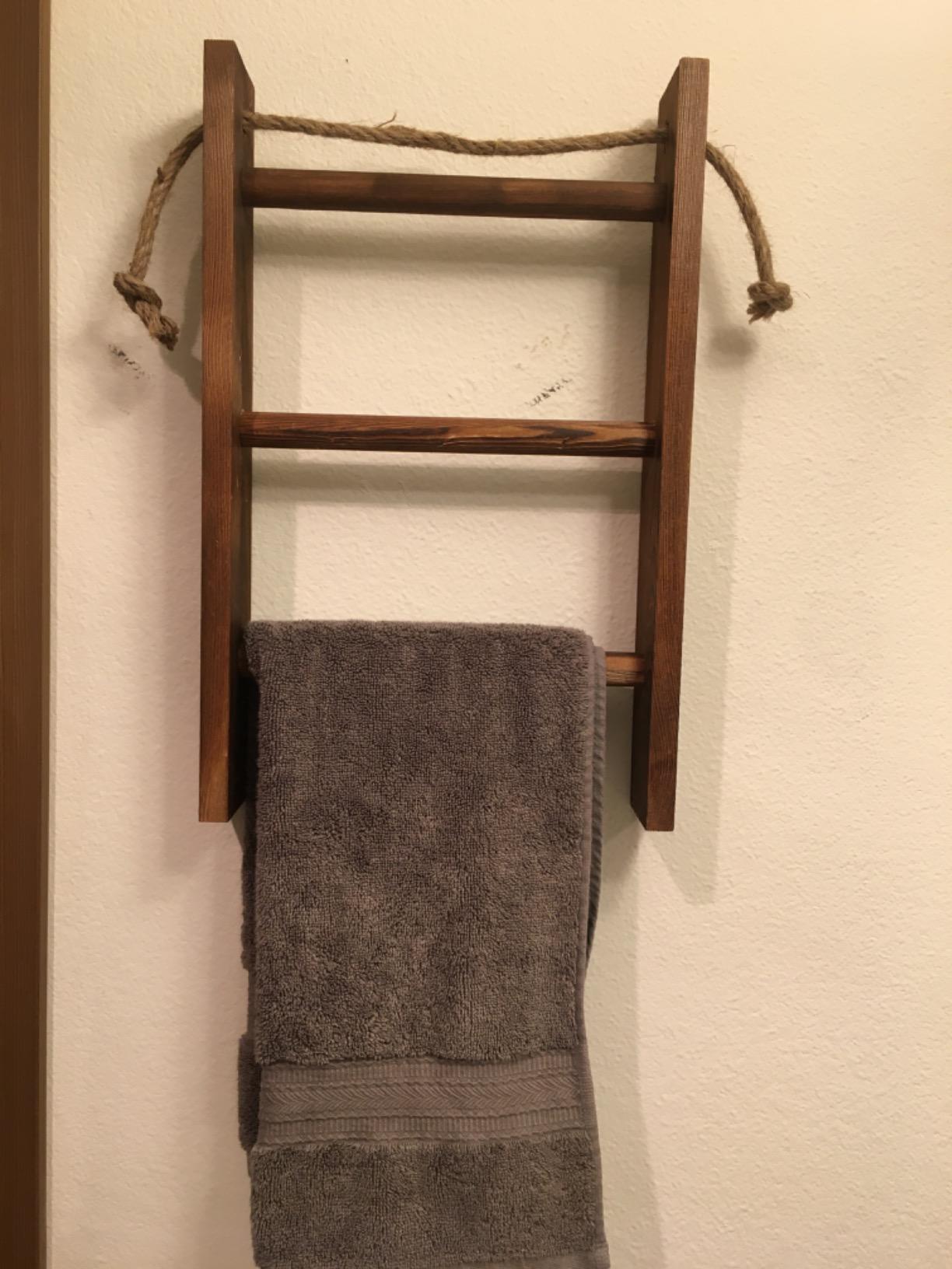 MyGift Dark Brown Wood Wall Mounted 3 Tier Hand Towel Ladder Rack | Top Rope for Easy Hanging, Vertical Storage for Guest Towels, Washcloths, Blankets & Decorative Throws customer photo 1