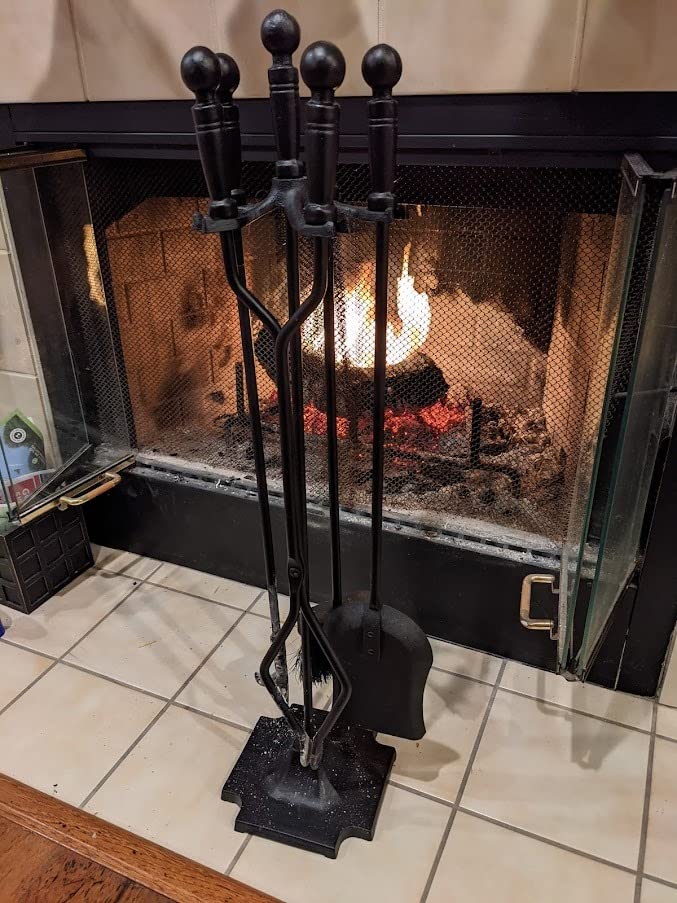 GameXcel Fireplace Tools Set 5 Piece 32 Inch Wrought Iron Hearth Toolset - Heavy Duty Fire Place Pit Accessories with Sturdy Base Holder, 26