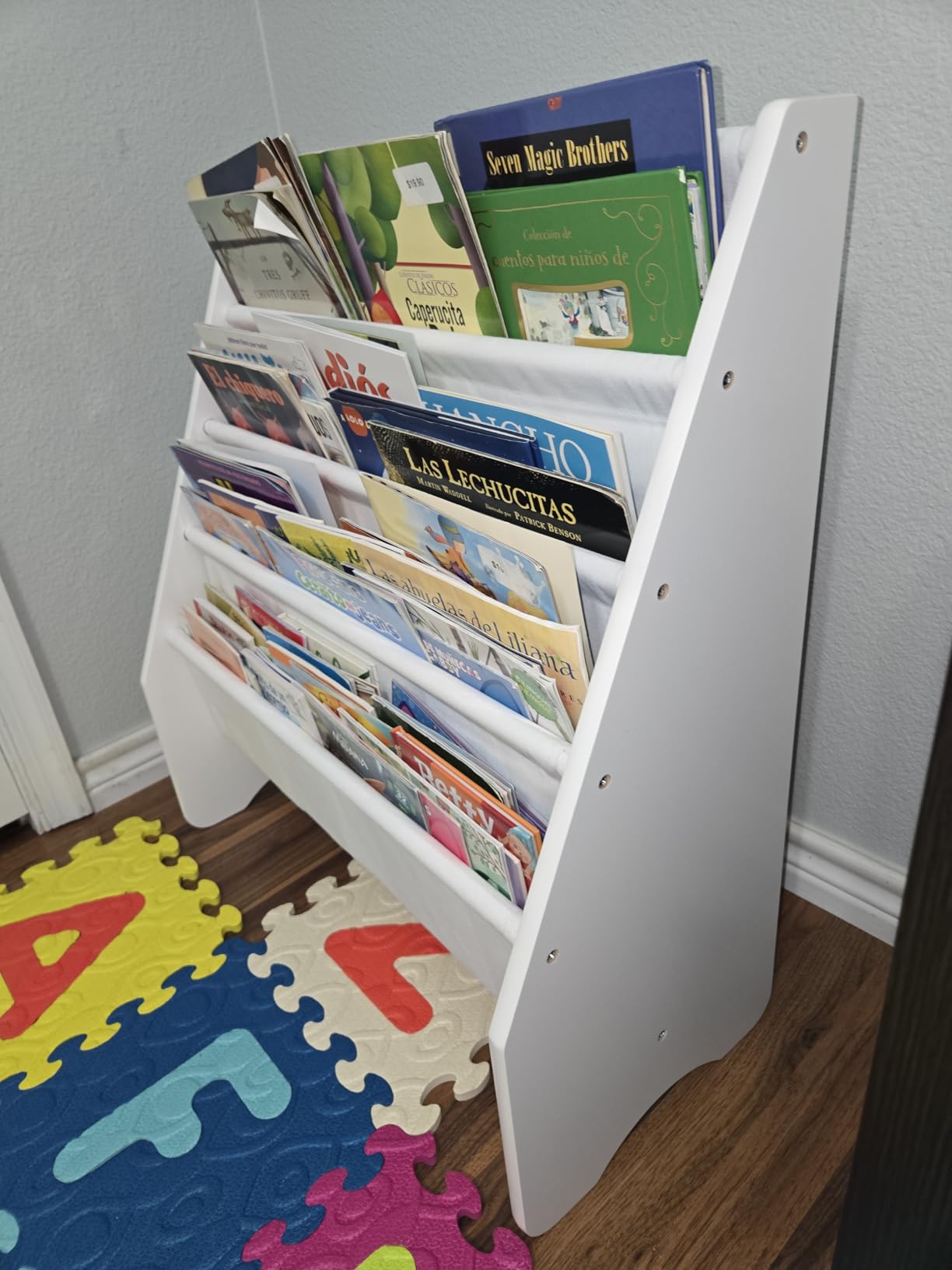 UTEX Kids Bookshelf Storage, Thick Cotton Sling Book Shelf for Kids Rooms | 4-Tier Toddler Magazine Book Rack, Children Book Organizer, Front Facing, Deep, Space Saving, Toddler Room, Gift, White customer photo 1
