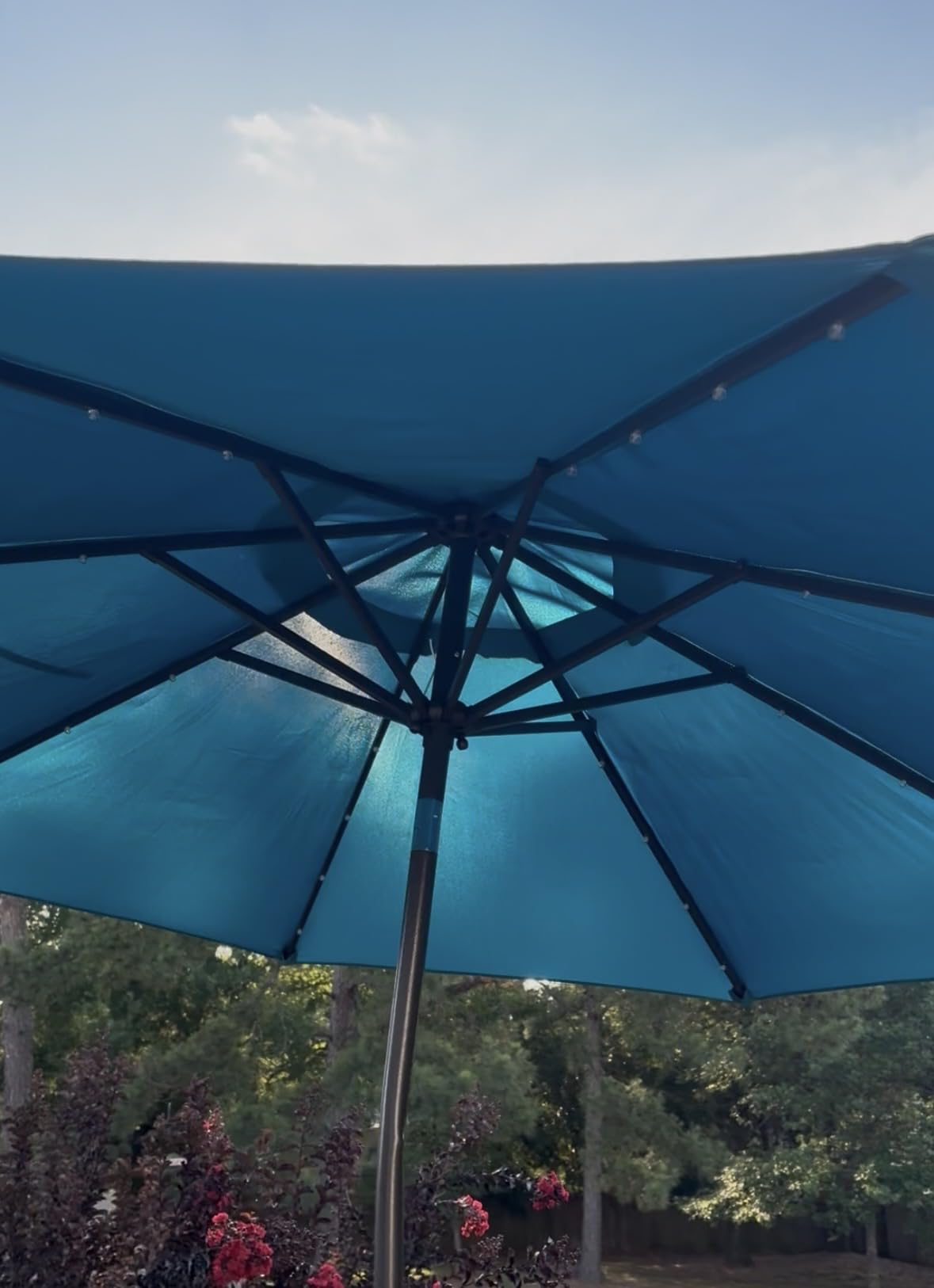 Blissun 9 ft Solar Umbrella 32 LED Lighted Patio Umbrella Table Market Umbrella with Tilt and Crank Outdoor Umbrella for Garden, Deck, Backyard, Pool and Beach (Cerulean) customer photo 2