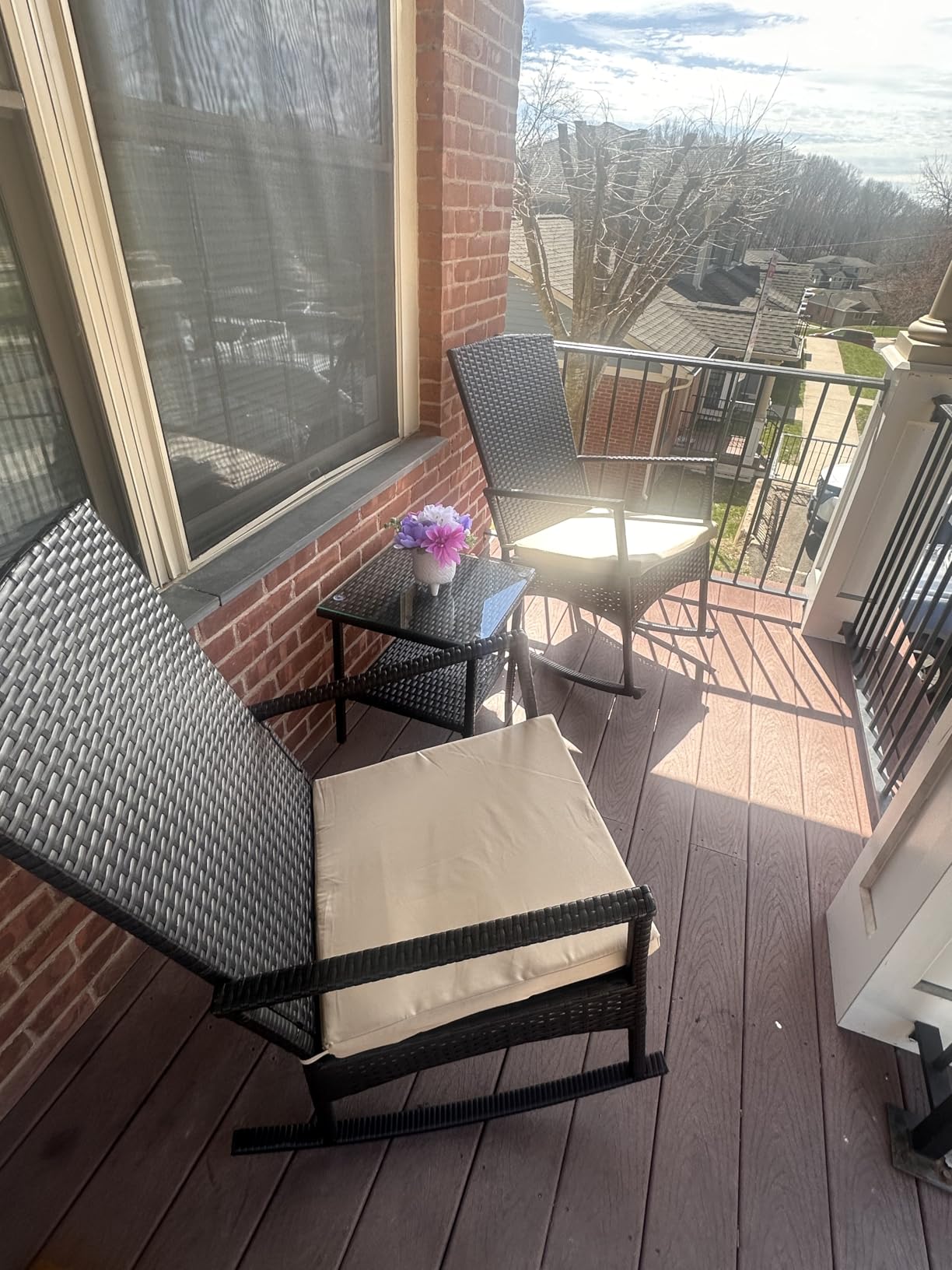 Outdoor HDPE Wicker Rocking Chair 3-Piece Patio Rattan Bistro Set 2 Rocker Armchair and Glass Coffee Side Table Furniture Washable Lacing Cushions, Khaki customer photo 2