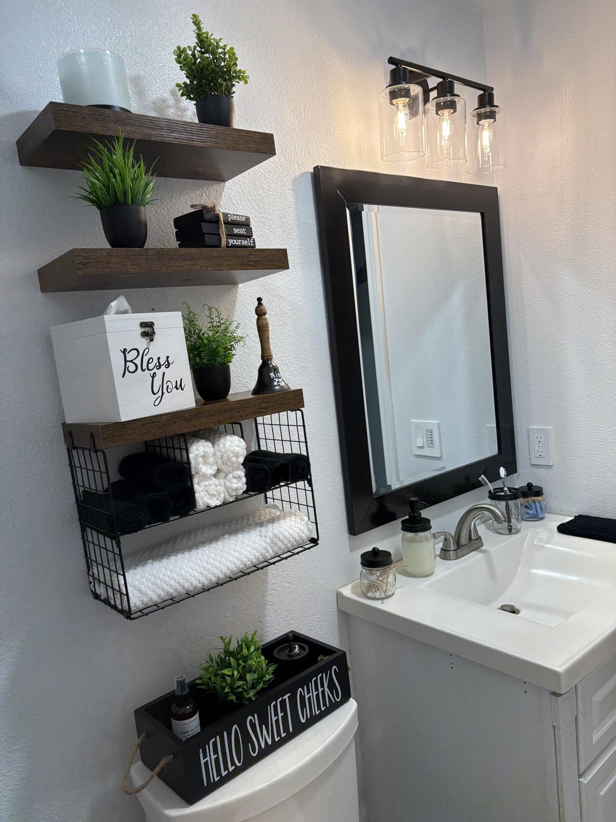 SheeChung Mason Jar Bathroom Accessories Set,6Pcs Rustic Bathroom Set,Brown | Glass Bathroom Accessory Set, Soap Dispenser, Toothbrush Holder, 2 Qtip Holders,Soap Dish,Wire Basket,Western Farmhouse Decor customer photo 2