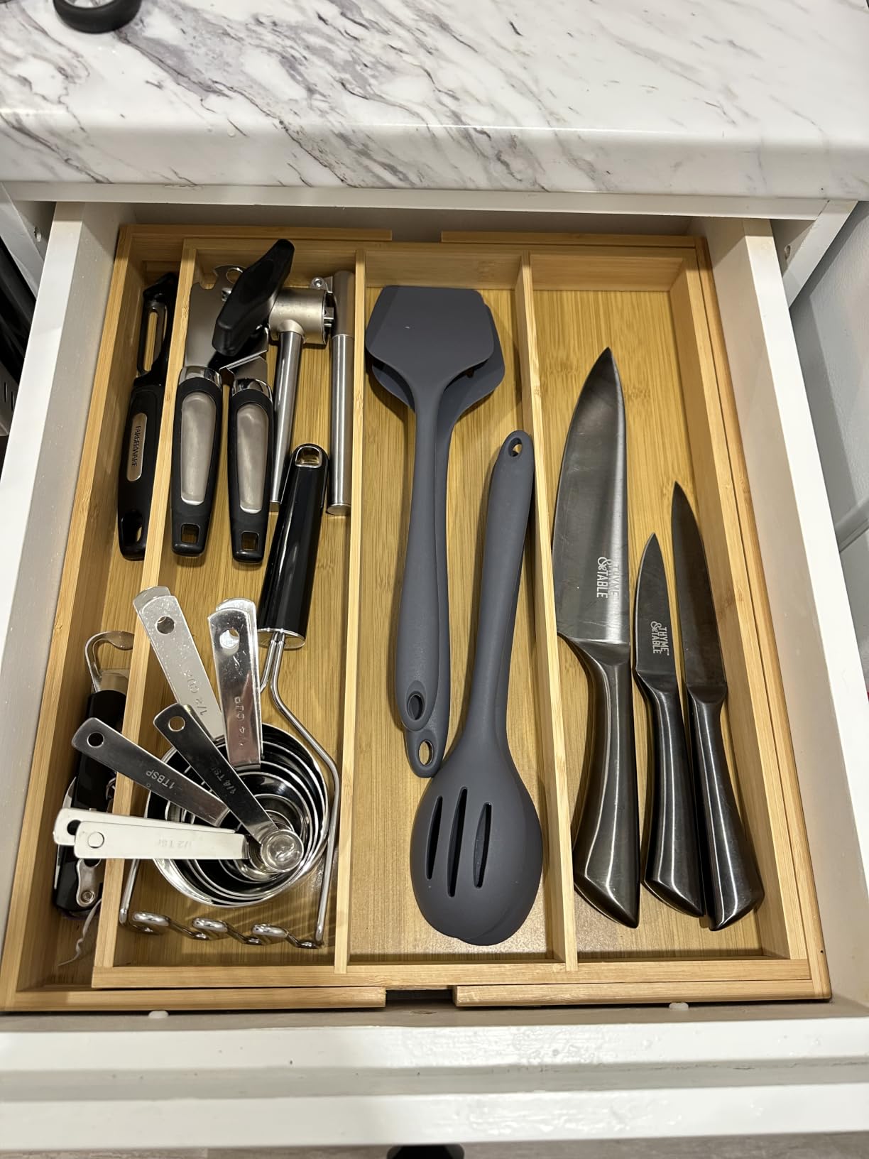 Purawood Kitchen Drawer Organizer - Expandable Utensil Drawer Organizer for Kitchen, Cutlery Tray & Silverware Organizer, 3-5 Slots - Bamboo Organizer for Utensils & Flatware (Natural) customer photo 2