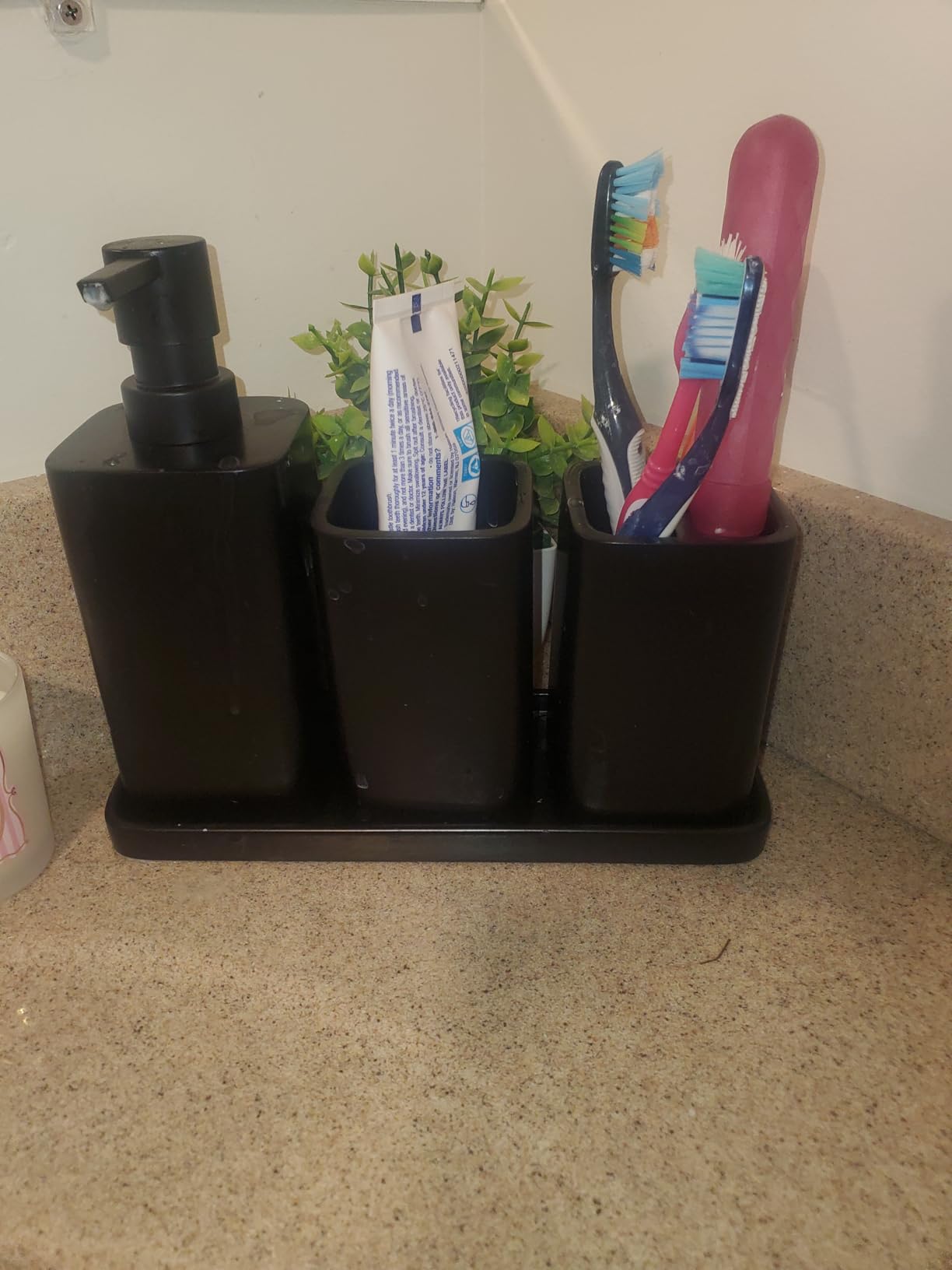 ZCCZ Bathroom Accessory Sets, 4 Pieces Bathroom Accessories Complete Set Vanity Countertop Accessory Set with Marble Look, Includes Lotion Dispenser, Toothbrush Holder and Tray (White Marble Look) customer photo 1