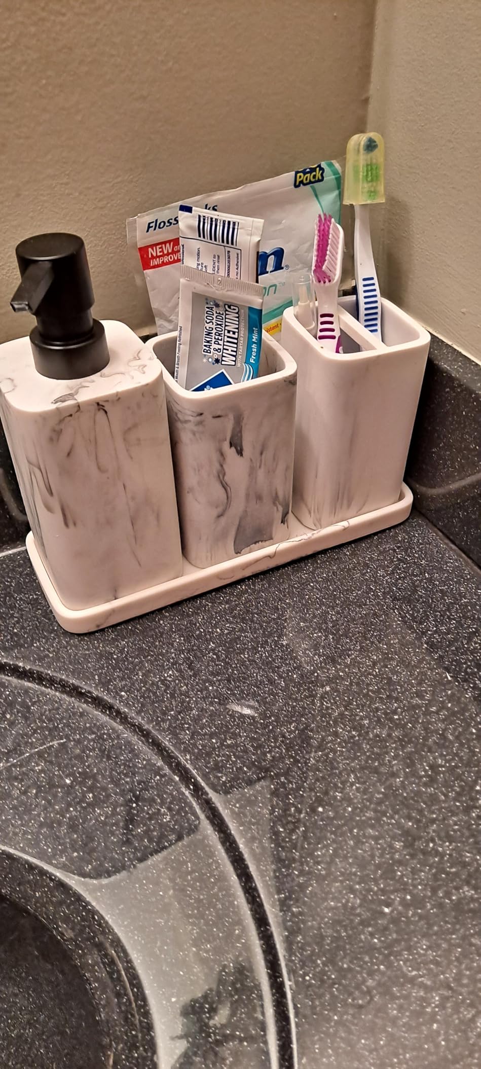 ZCCZ Bathroom Accessory Sets, 4 Pieces Bathroom Accessories Complete Set Vanity Countertop Accessory Set with Marble Look, Includes Lotion Dispenser, Toothbrush Holder and Tray (White Marble Look) customer photo 2