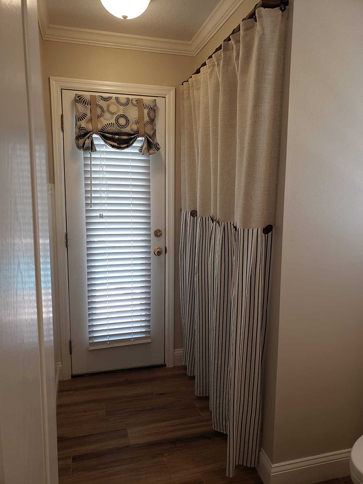 DOSLY IDÉES Farmhouse Shower Curtain,Beige and Gray Stripe,Button Curtain,Linen and Cotton Woven Fabric,Rustic Charm Country Chic Style,72x72 in customer photo 1