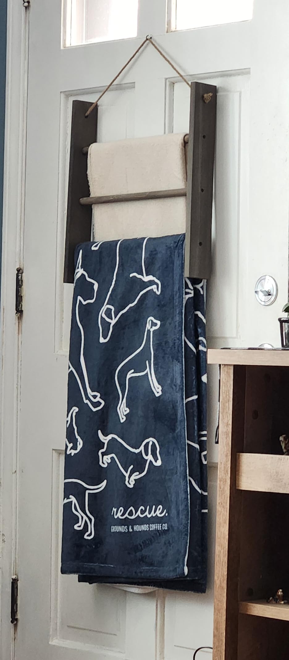Rustic Wood Ladder Hand Towel Rack for Bathroom, Farmhouse Blanket Ladder for Living Room Hanging Decorative Rack for Blankets Whitewashed Towel Rack with Rope (Whitewashed) customer photo 1