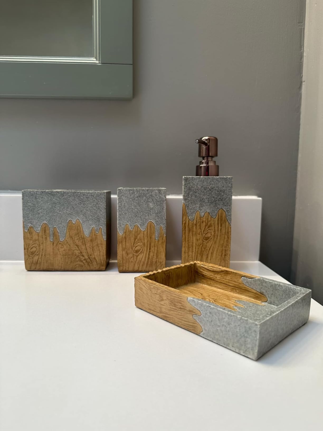 Hymmah Bathroom Accessories Set,Toothbrush Holder,Farmhouse Bathroom Decor,4 Pcs Resin Gift Set Apartment Necessities, Contain Toothbrush Cup,Soap Dispenser,Soap Dish,Tumbler customer photo 1