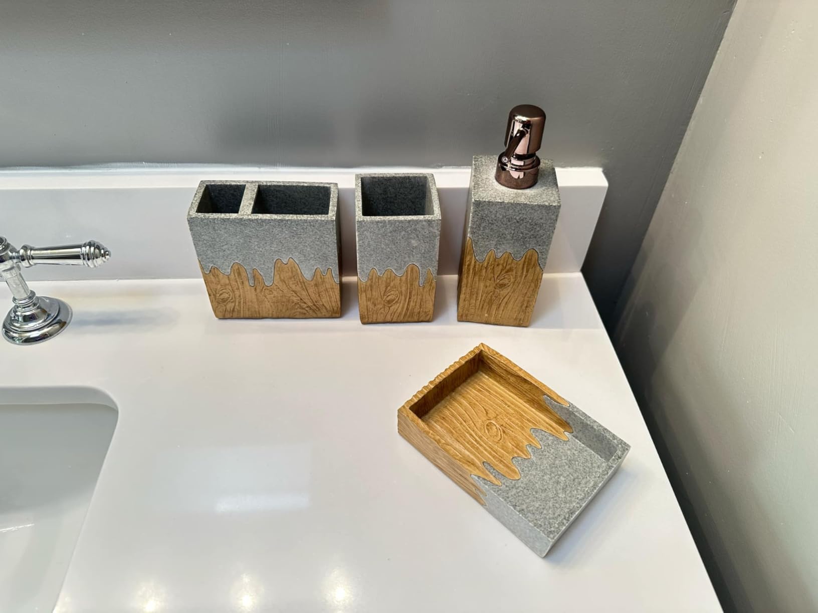 Hymmah Bathroom Accessories Set,Toothbrush Holder,Farmhouse Bathroom Decor,4 Pcs Resin Gift Set Apartment Necessities, Contain Toothbrush Cup,Soap Dispenser,Soap Dish,Tumbler customer photo 2