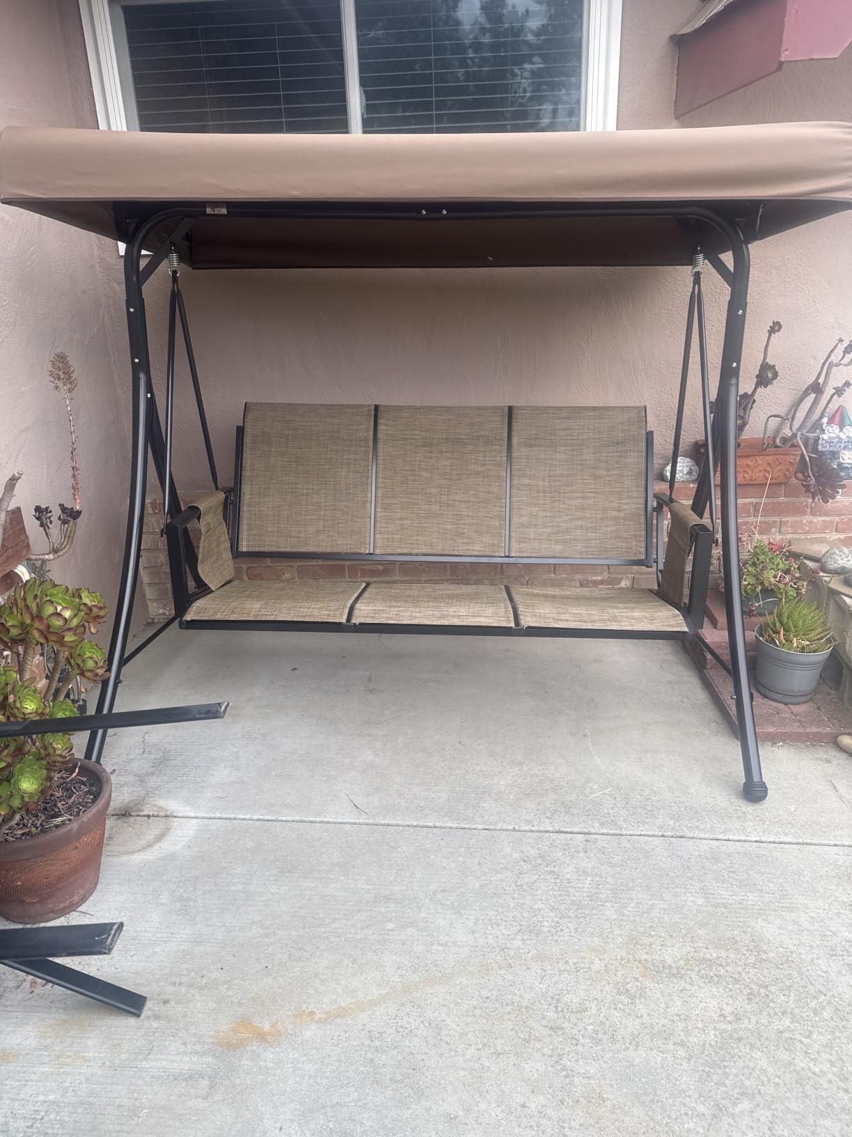 PURPLE LEAF 3-Seat Outdoor Patio Porch Swing with Textilene Fabric | Canopy and Stand Design, Easy to Move, Heavy-Duty Aluminum Structure, Convenient Storage Pocket, Easy to Clean customer photo 2