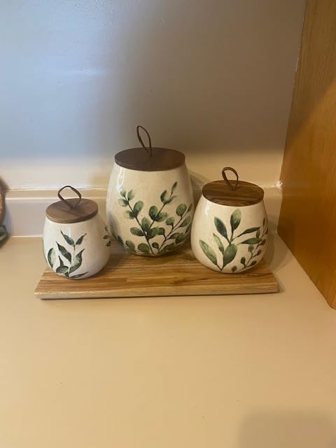 TTU Tabletops Gallery Ceramic Canister Collection- Stoneware Designed Kitchen Storage Embossed Acacia Wood White Set, 3 Piece Embossed Ziggy White Canister Set customer photo 1