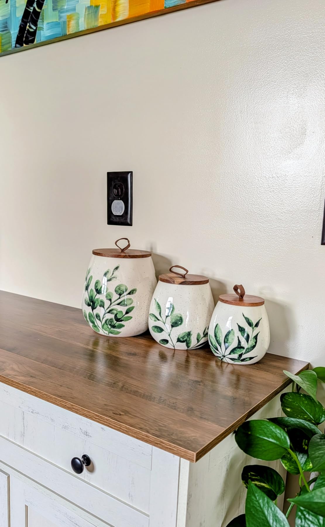 TTU Tabletops Gallery Ceramic Canister Collection- Stoneware Designed Kitchen Storage Embossed Acacia Wood White Set, 3 Piece Embossed Ziggy White Canister Set customer photo 2