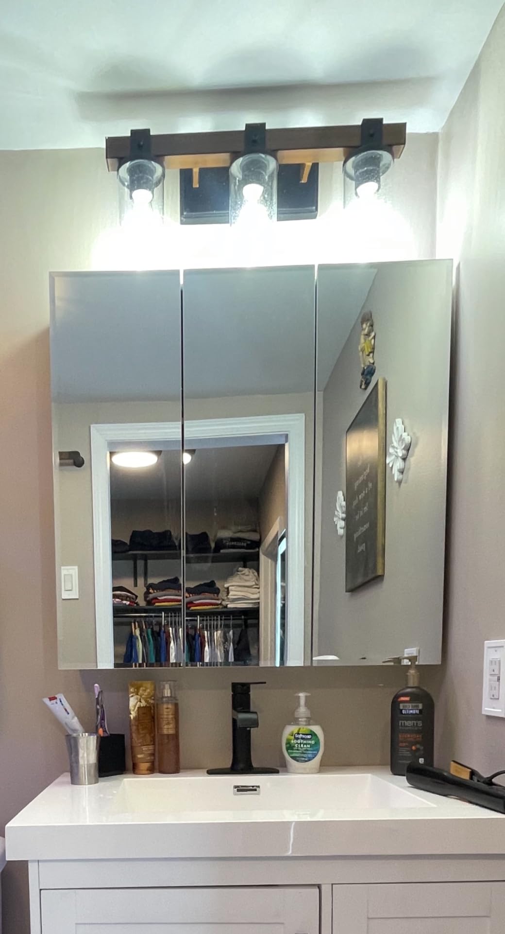 Design House Cyprus Bathroom Medicine Cabinet with Mirror, 25 Inch Recessed or Surface Mount Cabinet, 3 Frameless Mirrored Doors, 2 Shelves, White, Pre-Assembled, 597484 customer photo 2