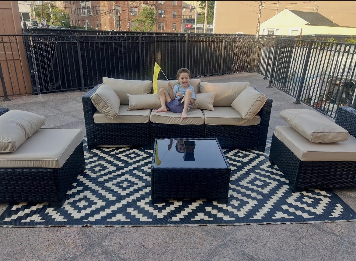 Rattaner Patio Sectional 6 Pieces All-Weather Wicker Patio Furniture Set Outdoor Sectional with Glass Table Non-Slip Cushions and Waterproof Cover, Khaki customer photo 2
