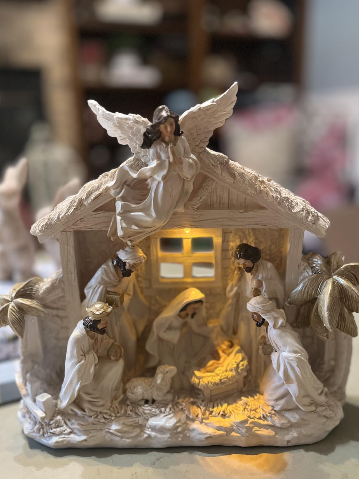 Valery Madelyn Christmas Nativity Figurines with LED Lights, Red Gold Holy Family Nativity Scenes Set Resin Manger for Xmas Indoor Home Table Fireplace Holiday Decorations, 10.6 Inch Tall customer photo 2