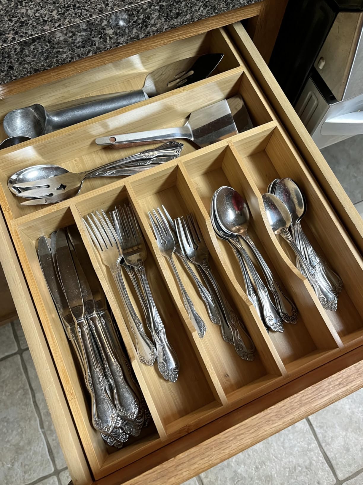 Umilife Bamboo Kitchen Drawer Organizer, 13 Inch Silverware Utensil Tray Holder, Extra Deep Grooved Drawer Divider, 7 Slots Total Bamboo Wood Caddy for Flatware Cutlery Knives, Forks, Spoons customer photo 1