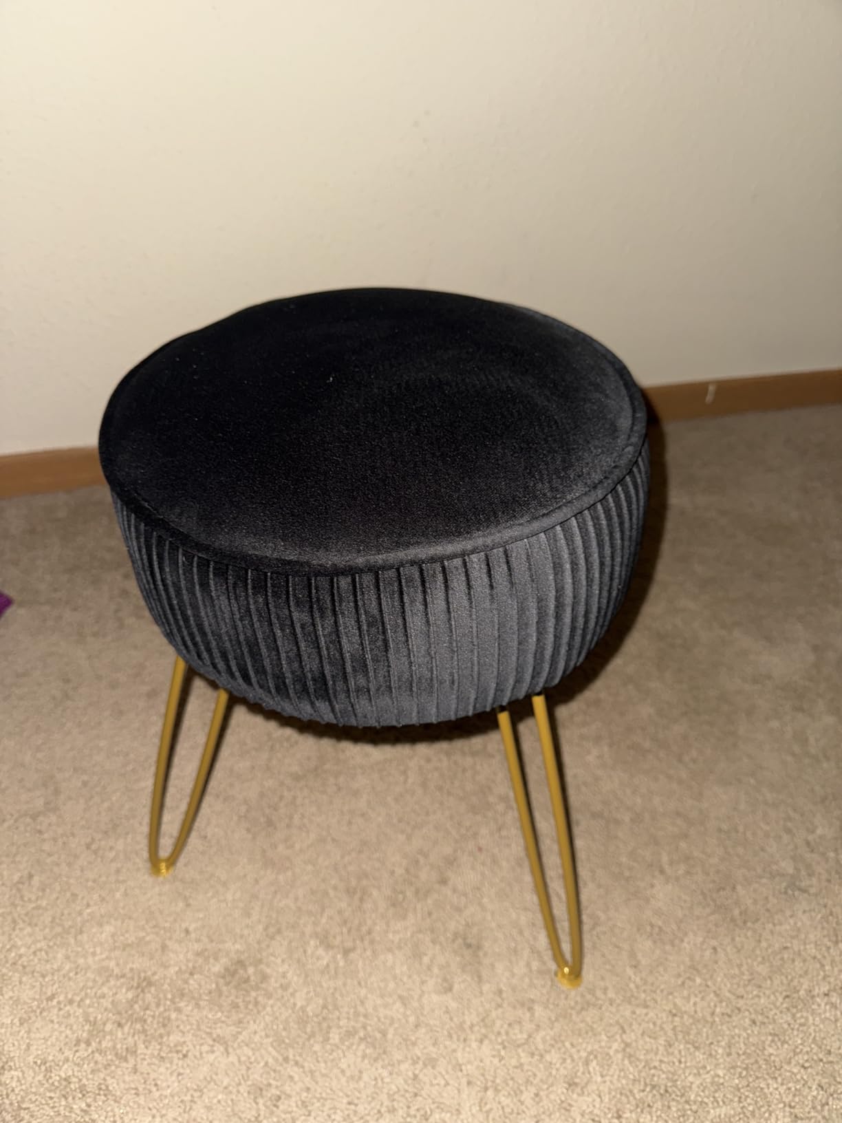 LUE BONA Pleated Vanity Stool, Velvet Upholstered Vanity Stool for Makeup Room, Round Stool for Vanity, Ottoman Footrest Stool with Metal Legs for Living Room, Bedroom, White customer photo 1