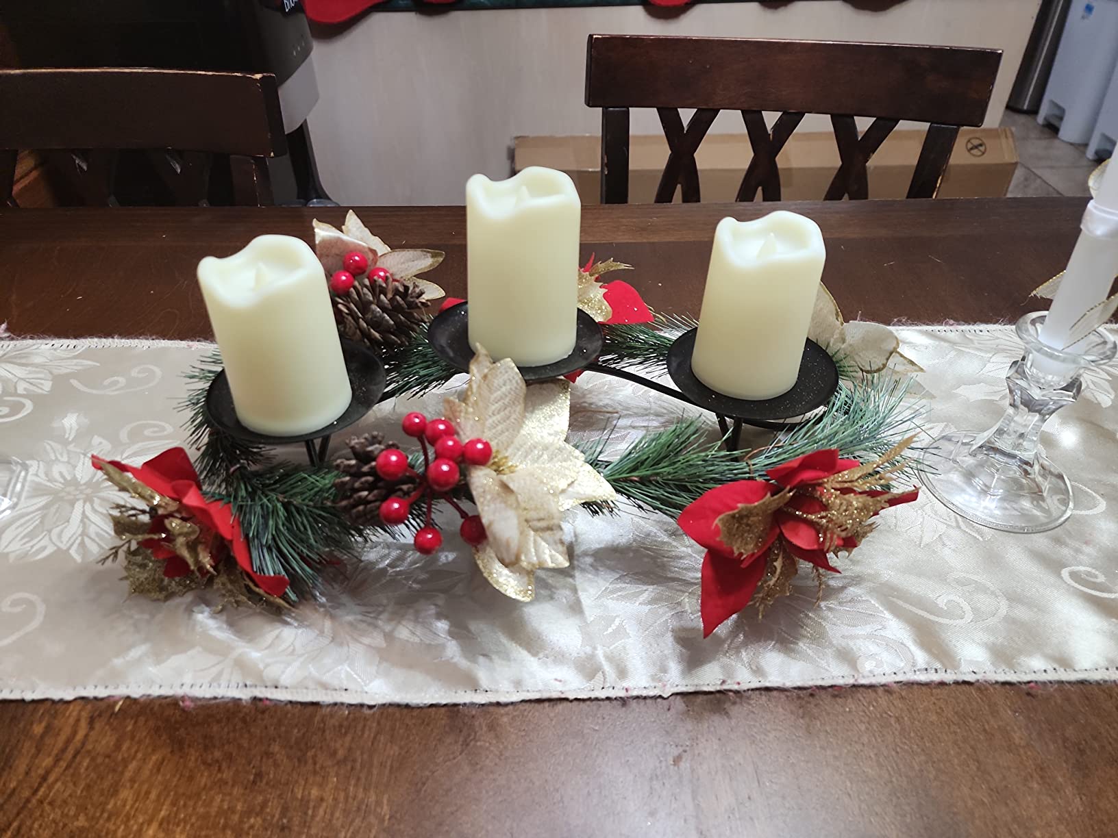 FORUP Christmas Centerpiece, Christmas Candle Holders, Christmas Tabletop Poinsettia Centerpiece with 3 Flameless Candle, Romantic Holiday Candelabrum for Home Party Christmas Table Mantel Decorations customer photo 2