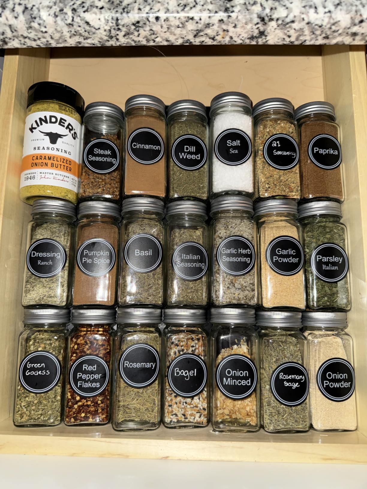 SpaceAid Spice Drawer Organizer with 28 Spice Jars, 386 Spice Labels, 4 Tier Seasoning Rack Tray Insert for Kitchen Drawers, 13