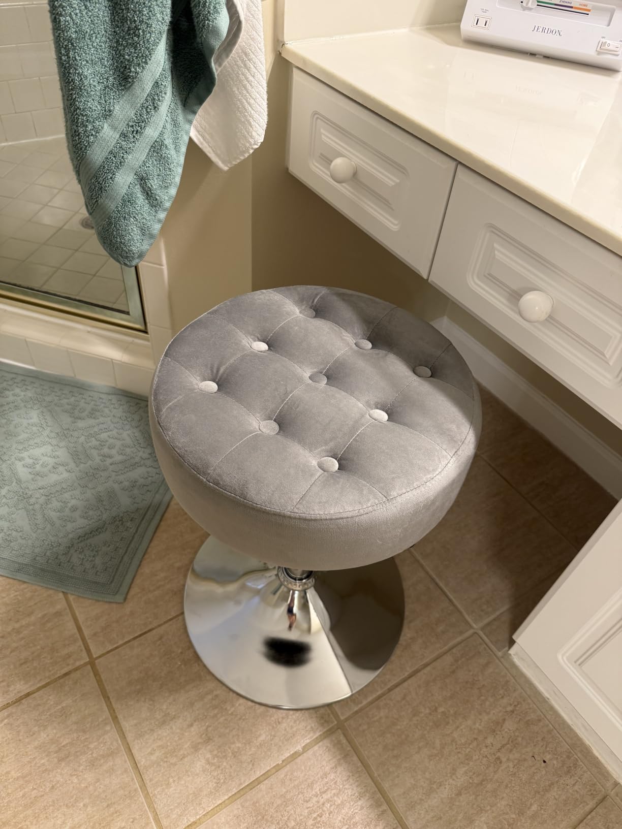 Furniliving Mid-Century Tufted Adjustable Swivel Makeup Ottoman Stool; Modern Big Size Round Vanity Stool Chair for Bedroom Living Room (White) customer photo 2