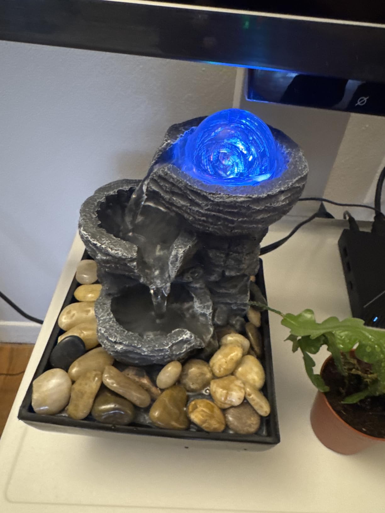 Tabletop Fountain Indoor Waterfall Meditation Fountain Like Layers of Rock Desktop Water Feature Includes Many Natural River Rock LED Lights Rolling Decorative Bubble Balls customer photo 1