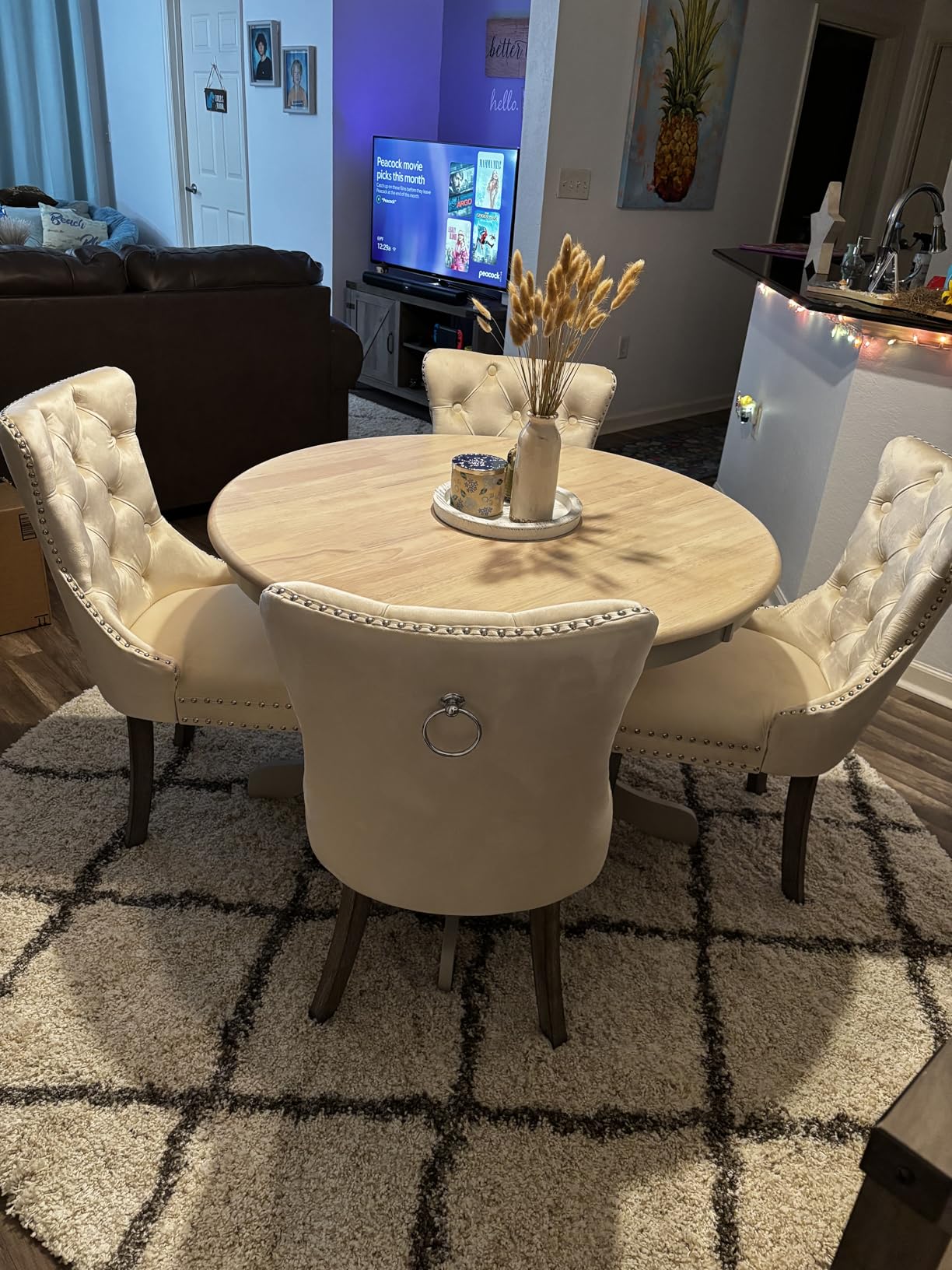KCC Velvet Dining Chairs Set of 4, Upholstered High-end Tufted Dining Room Chair with Nailhead Back Ring Pull Trim Solid Wood Legs, Nikki Collection Modern Style for Kitchen, Beige customer photo 1