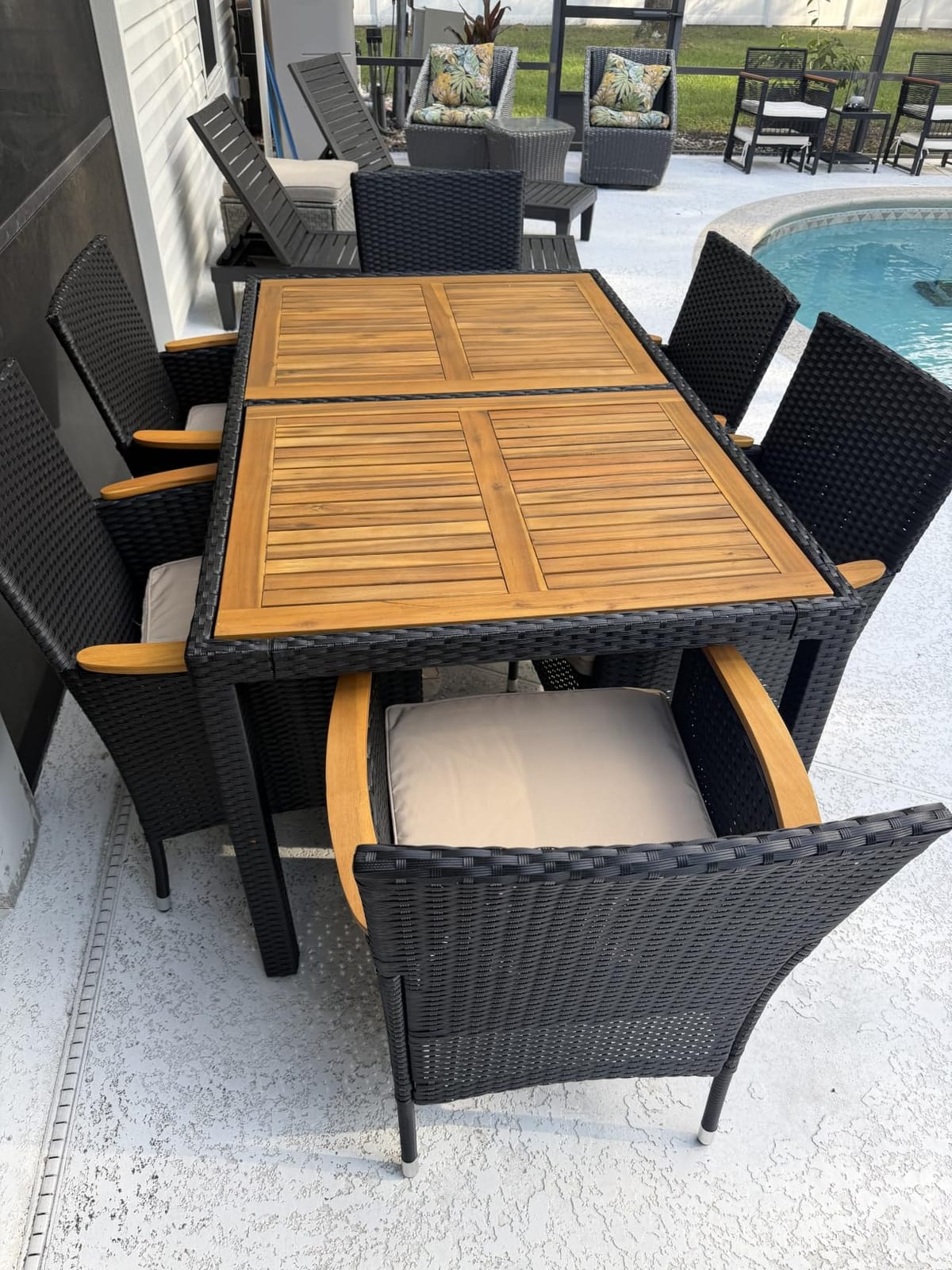 Devoko 7 PCS Acacia Wood Patio Dining Set, Black Rattan customer photo 2