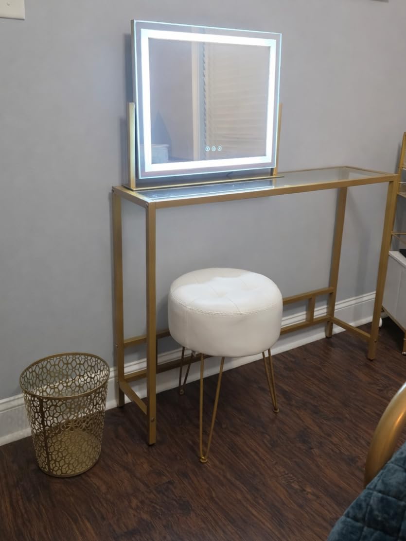 LUE BONA Faux Leather Vanity Stool Chair for Makeup Room,Brown Stool for Vanity,19” Height, Tufted Small Vanity Chair with Metal Legs, Modern Foot Ottoman for Bedroom, Living Room customer photo 2