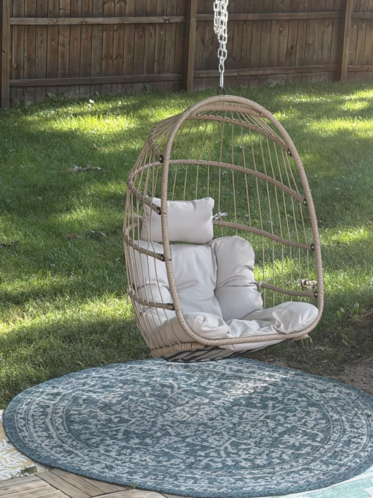 Nicesoul Outdoor Hanging Egg Chair Without Stand, Patio Wicker Swing Egg Basket Chairs with Padded Cushion, 350 Lbs Comfy Cozy Ceiling Tree Swinging Egg-Shaped Chair No Stand for Indoor Balcony, Beige customer photo 2