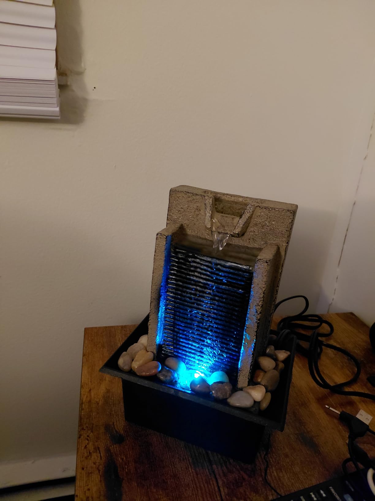 Amootek Tabletop Fountain Relaxing Tabletop Waterfall Fountain with Natural River Rocks & Color-Changing LED Lights - Indoor Zen Office/Home Decor Water Feature, 6.3