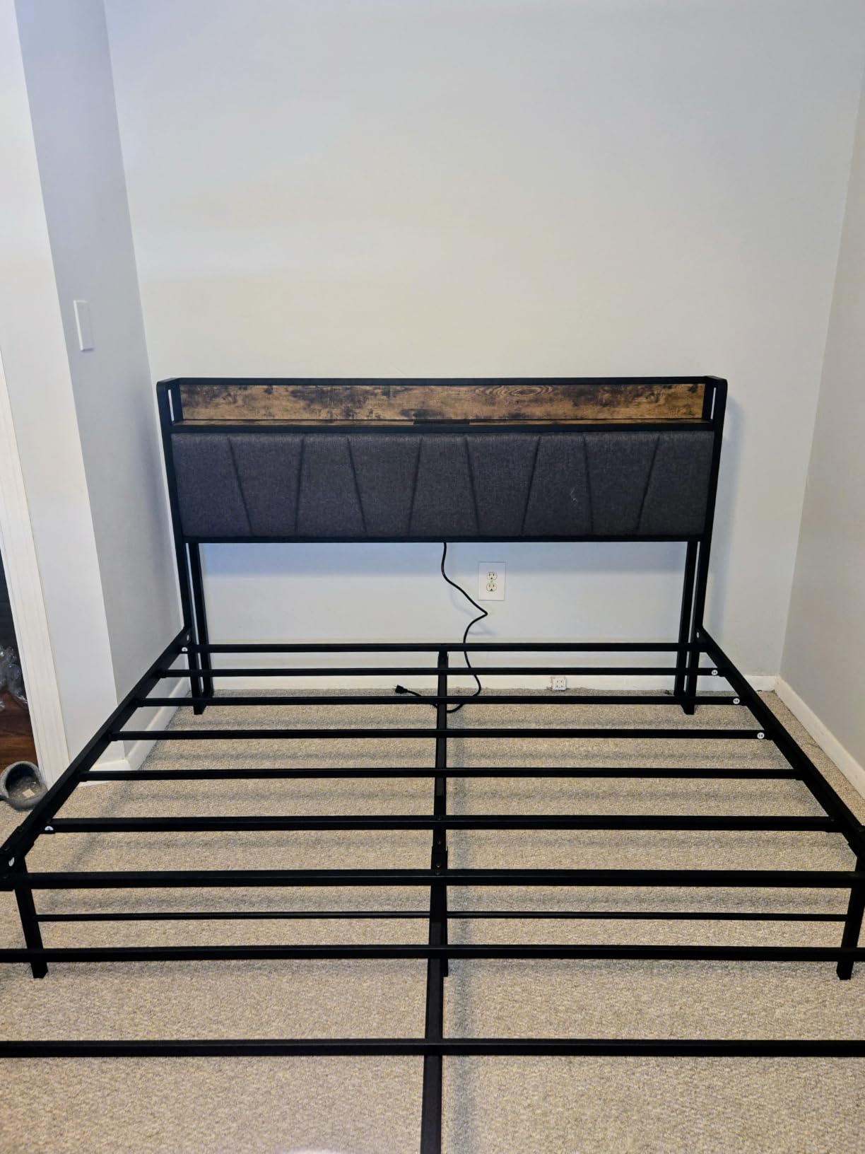 LIKIMIO King Size Bed Frame with Storage Headboard and Charging Station | Vintage Brown and Gray Upholstered Platform Bed Frame, Sturdy Noise-Free Metal Support, No Box Spring Needed, Easy Assembly customer photo 2