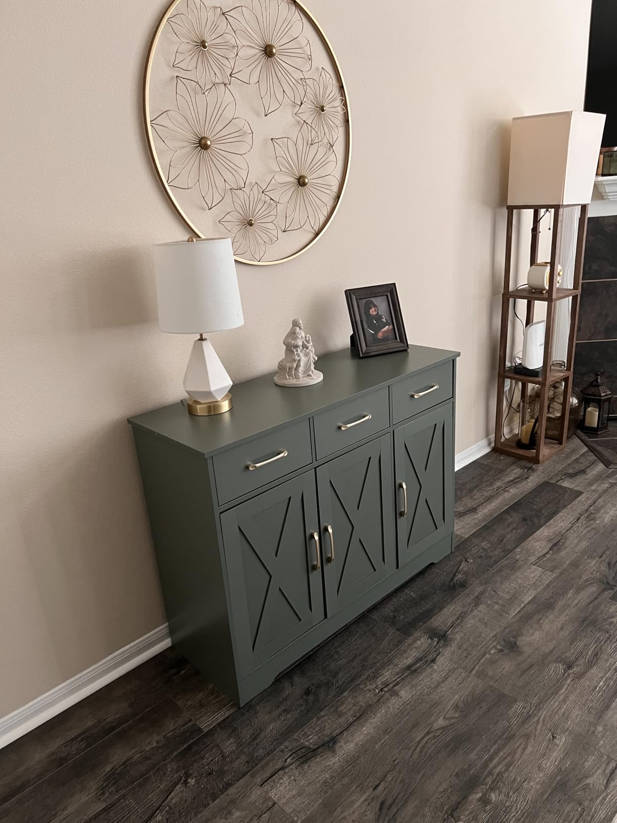 HOSTACK Kitchen Buffet Cabinet with Storage, Sideboard Coffee Bar, White | Farmhouse Kitchen Storage Cabinet with 3 Drawers & Adjustable Shelf, 42.5