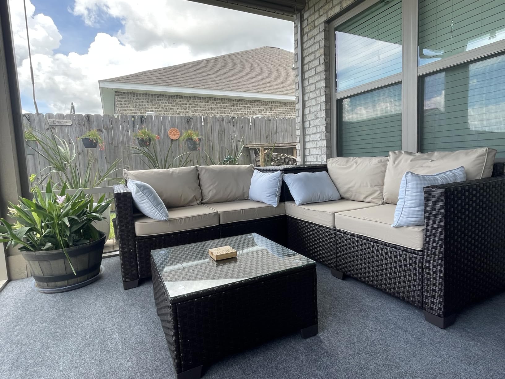 WAROOM Patio Furniture Set 4 Piece Conversation Sets Black Rattan Outdoor Couch Loveseat Wicker Sectional Sofa with Storage Box Glass Top Table, Grey Cushion customer photo 1