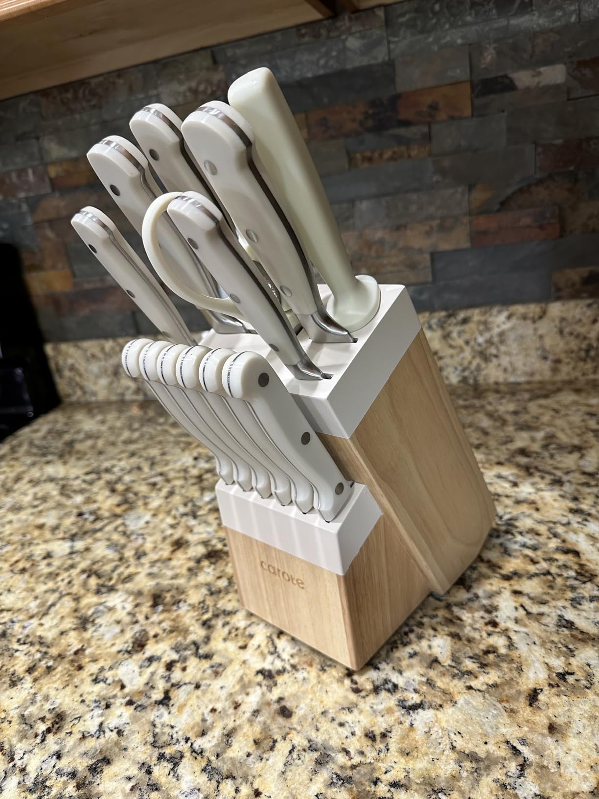 CAROTE 14-Piece Knife Set with Wood Block, Rust-Resistant, Cream customer photo 1