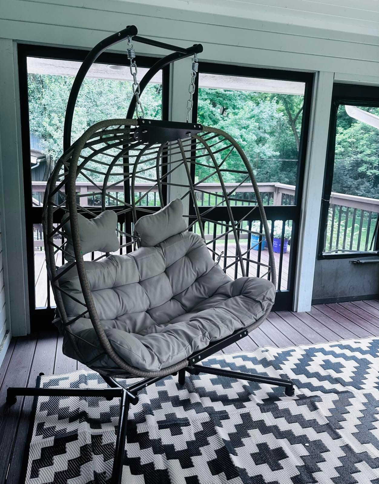 NICESOUL Double Egg Swing Chair with Stand, Oversized 2-Person Indoor Outdoor Hanging Hammock Chairs with Cushion, Wide and Large Comfy Loveseat, Sturdy Porch Swings for Outside, Dark Gray customer photo 1