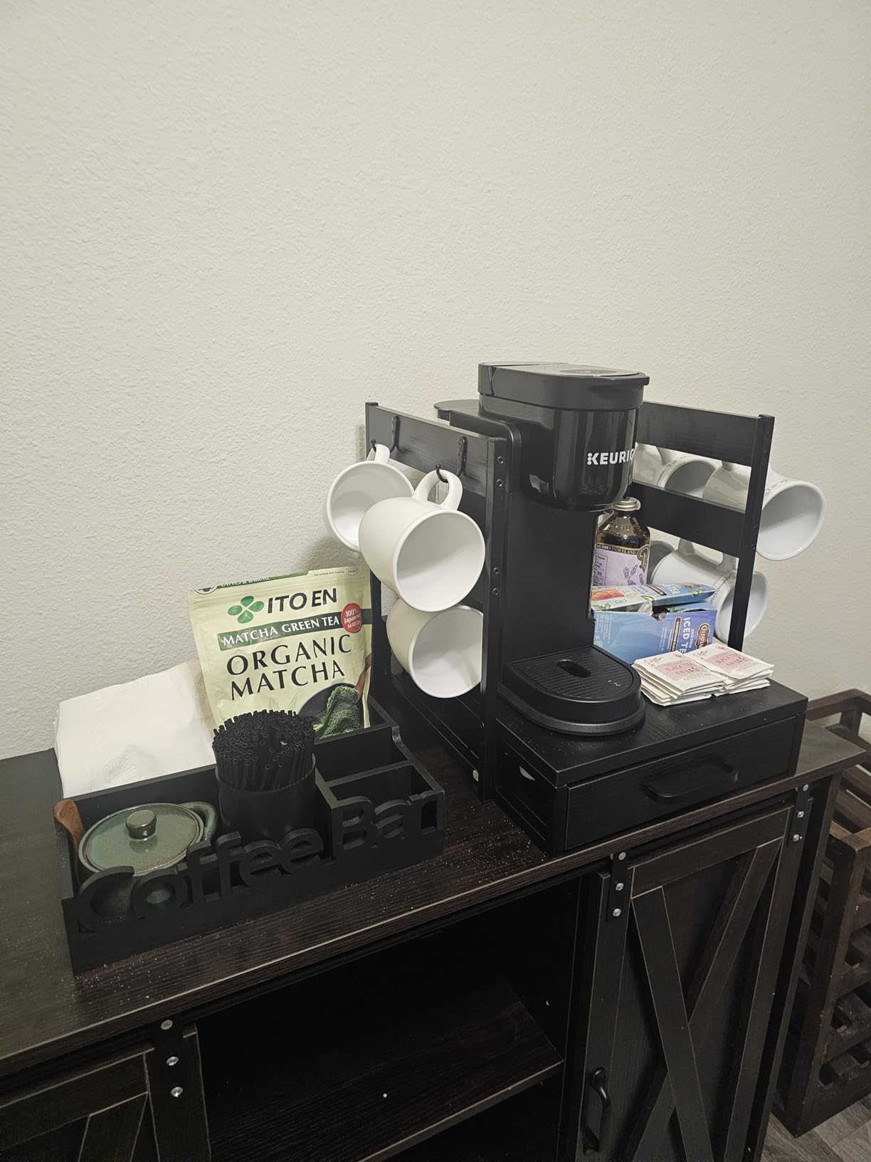 Coffee Bar Organizer Countertop,Wood Caddy with Compartments for Pods,Black customer photo 1