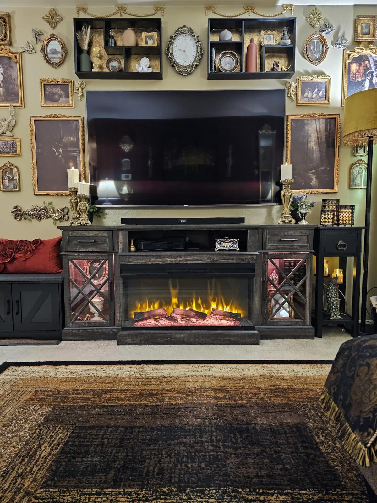 OKD 3-Sided Glass Farmhouse Electric Fireplace TV Stand for TVs up to 80'', Highboy Entertainment Center with Glass Door Storage Cabinet, 70'' Large TV Stands with 36'' Fireplace, Antique White customer photo 1