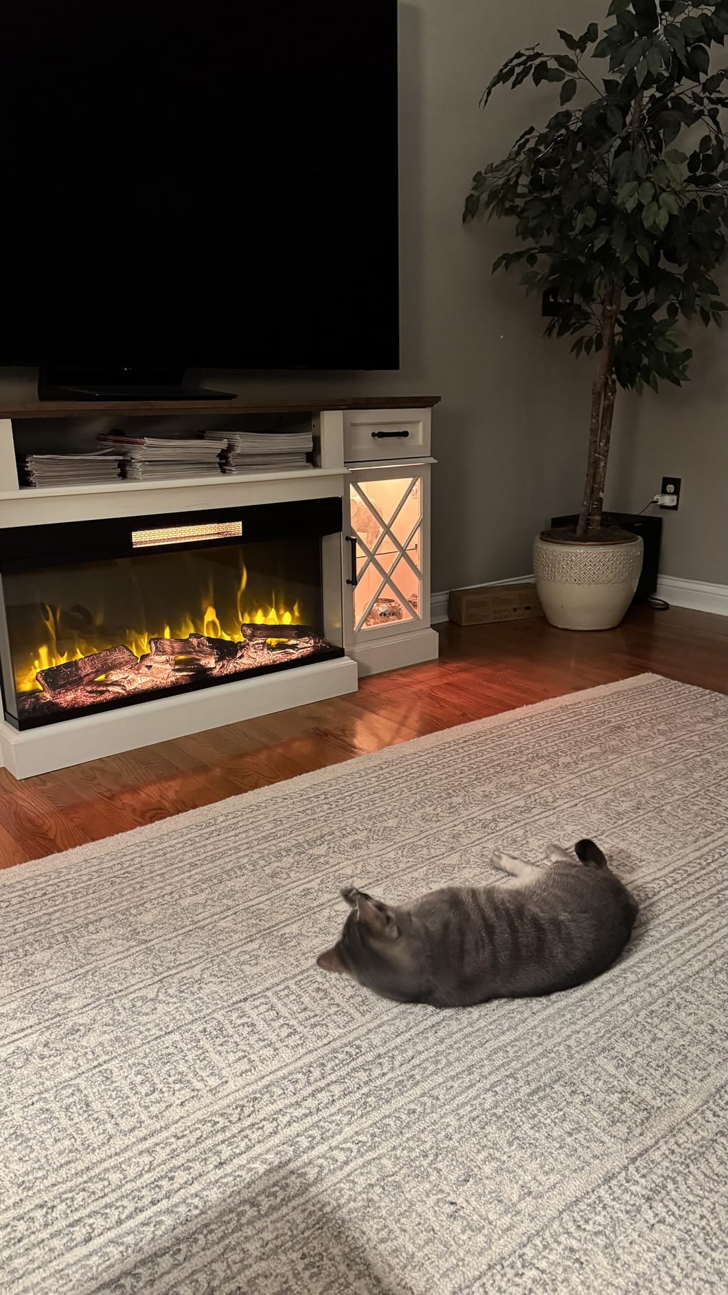 OKD 3-Sided Glass Farmhouse Electric Fireplace TV Stand for TVs up to 80'', Highboy Entertainment Center with Glass Door Storage Cabinet, 70'' Large TV Stands with 36'' Fireplace, Antique White customer photo 2