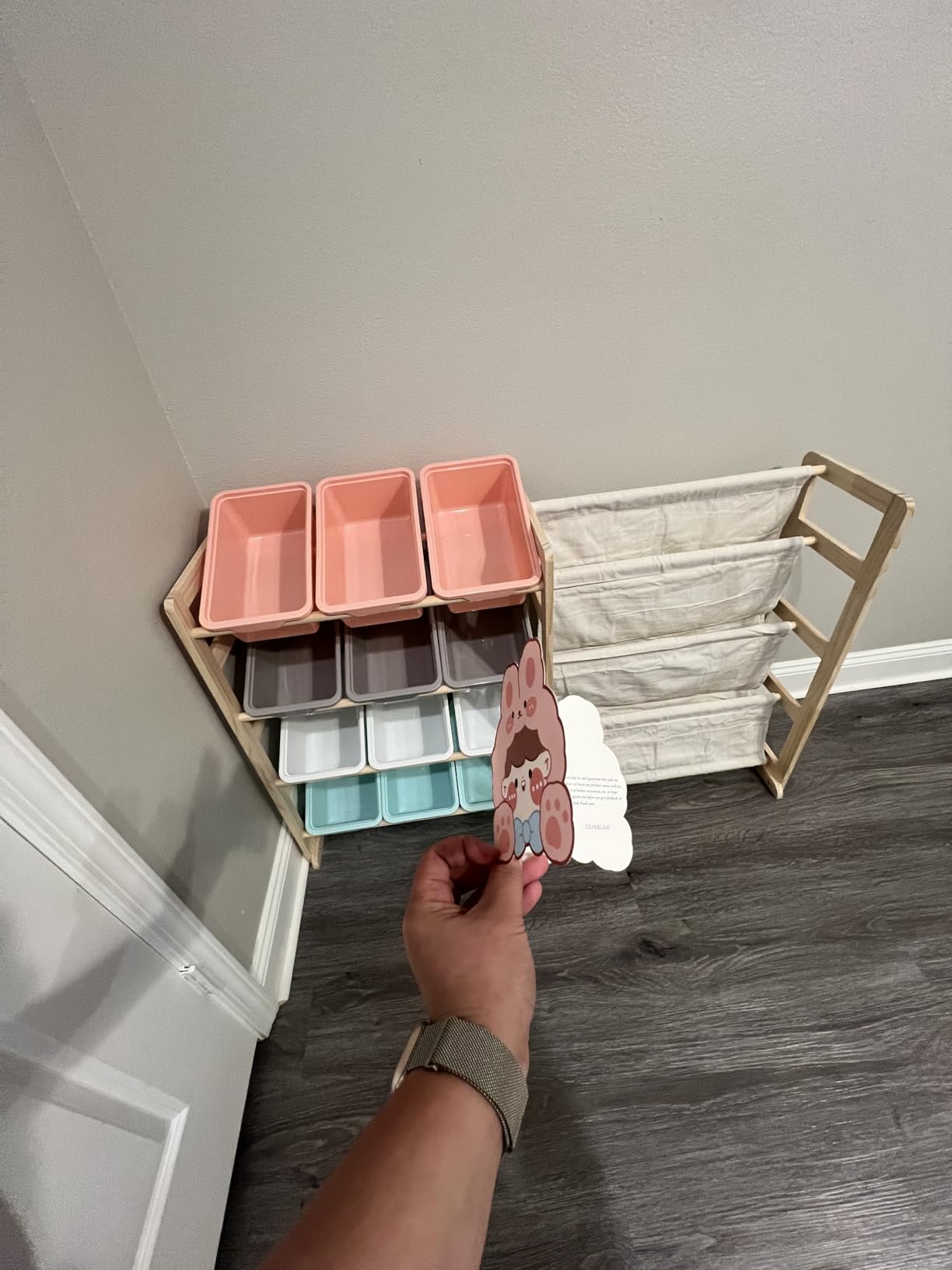 EXPERLAM Toy Storage Organizer with Bookshelf, Kids Toy Organizer and Storage Shelf with 12 White Bins, Solid Pine Wood Book Rack for Playroom, Nursery, Kids Room, Toys and Books customer photo 2