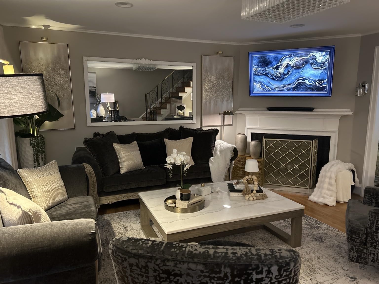 Signature Design by Ashley Coffee Table, Rectangular Marble, Living Room | Genuine natural marble top with oak veneer and MDF substrate trestle base, Oversized for large sectionals, Loyaska Series customer photo 1
