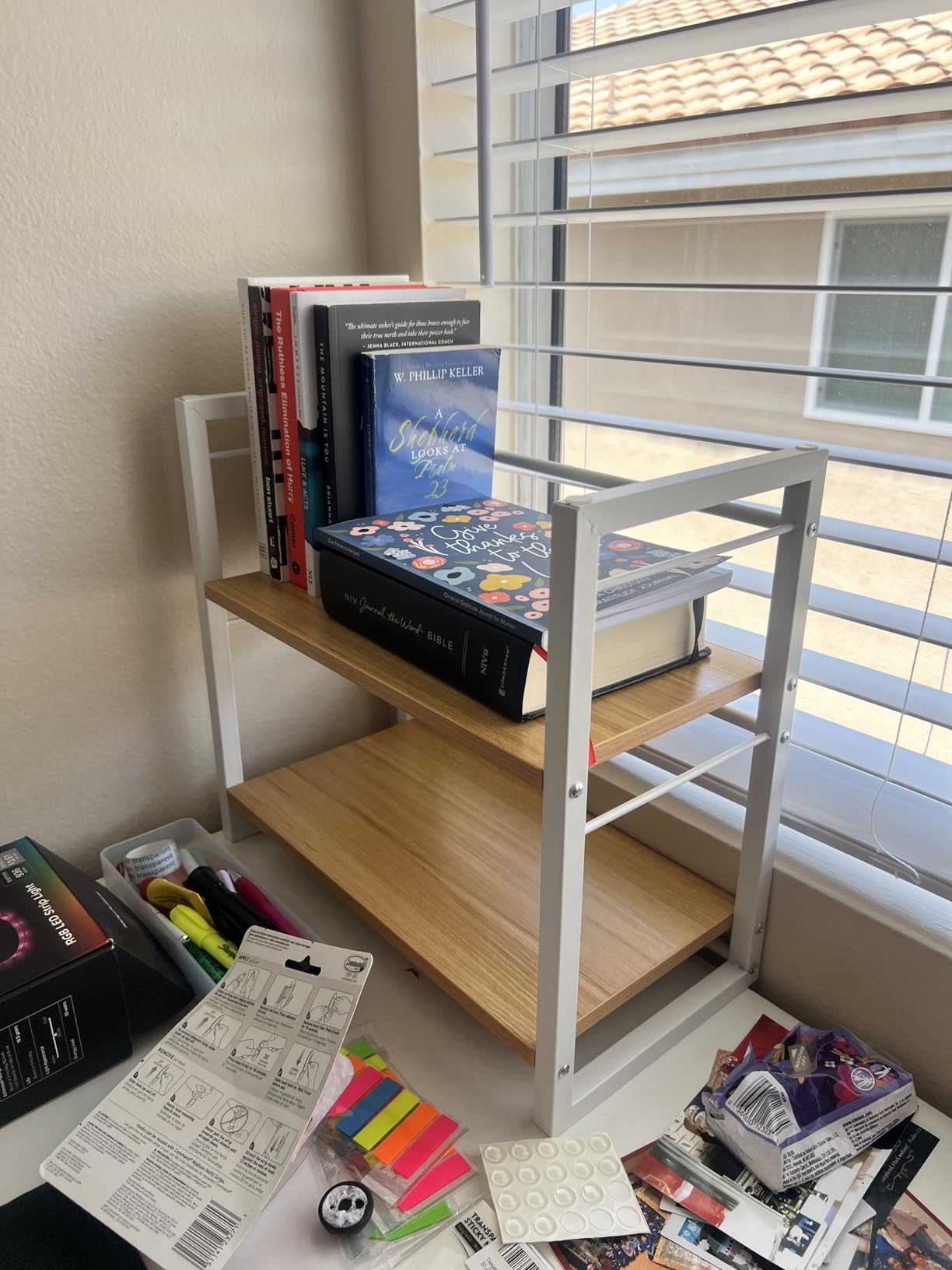 Office Desk Shelf Organizer, Wood Desktop Bookshelf Supplies Storage Rack, Shelf for Top of Desk and Dresser (Black-2 Tier) customer photo 2