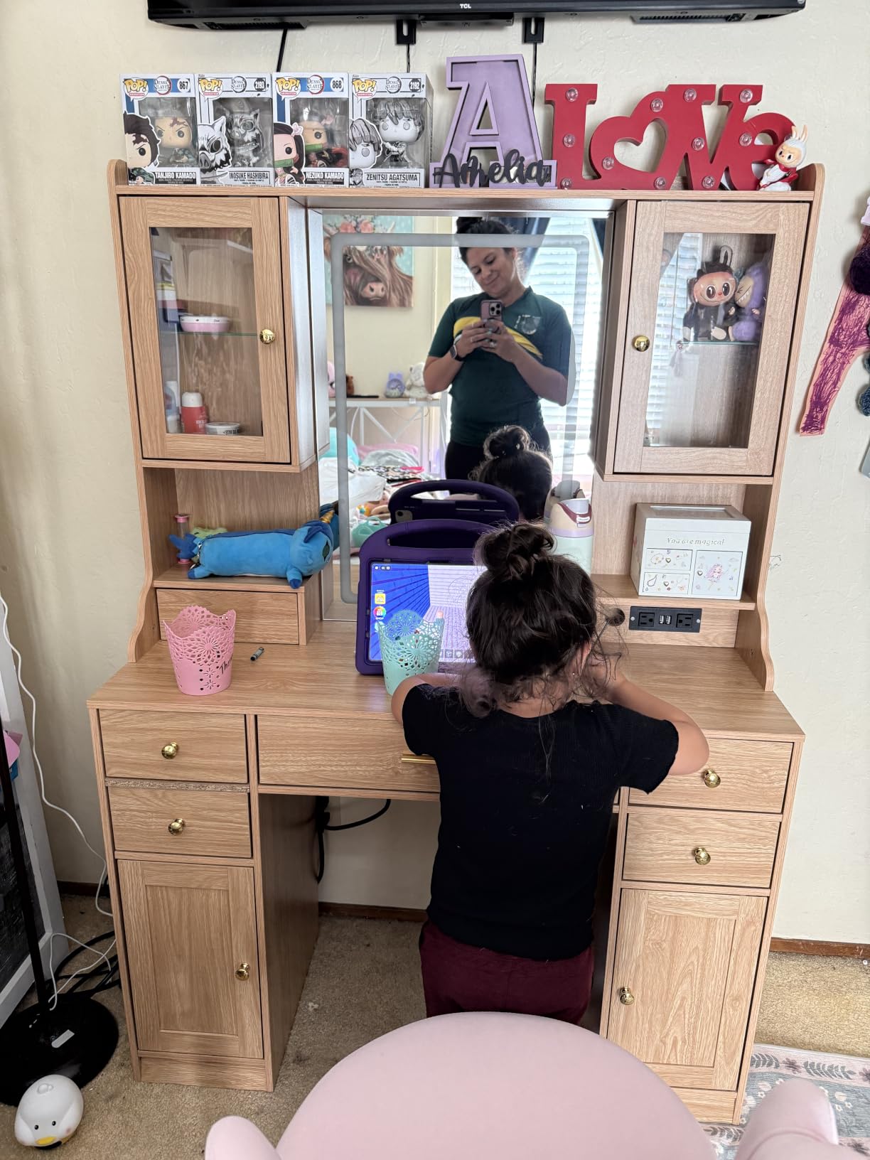 CSZZD White Makeup Vanity Desk with LED Mirror & RGB Cabinets customer photo 2